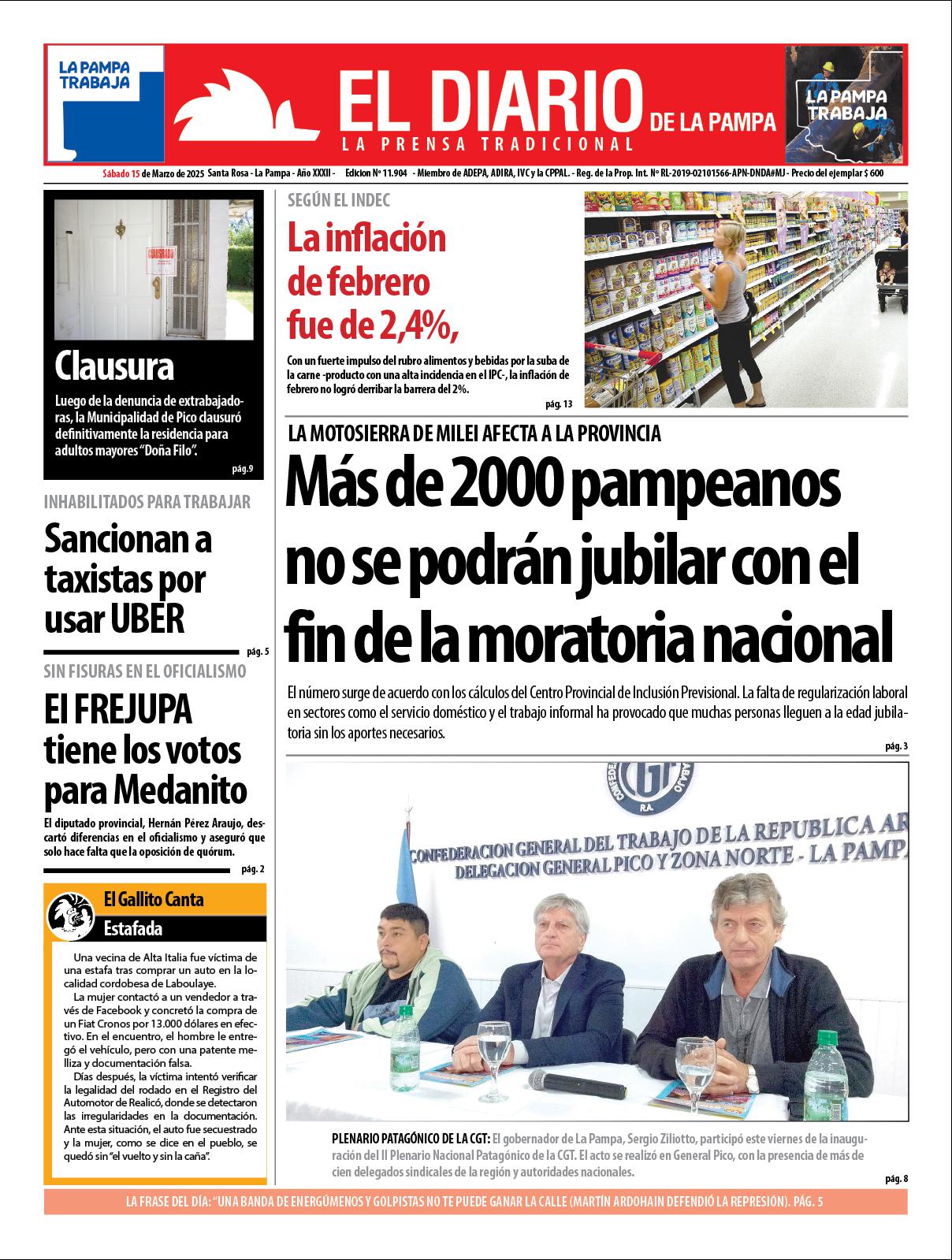 Tapa de El Diario en papel  saacutebado 15 de marzo de 2025